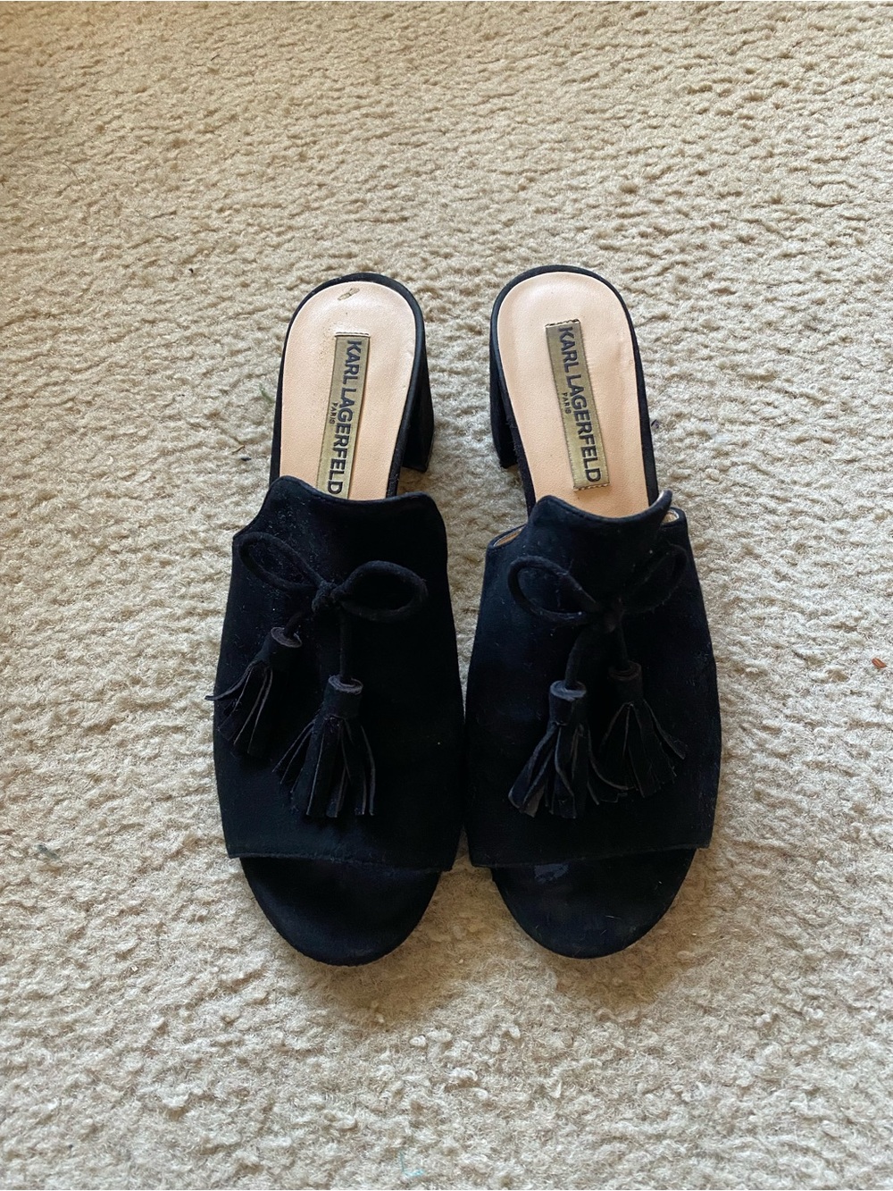 Karl Lagerfeld Black Suede Tassel Slide Heels size 8